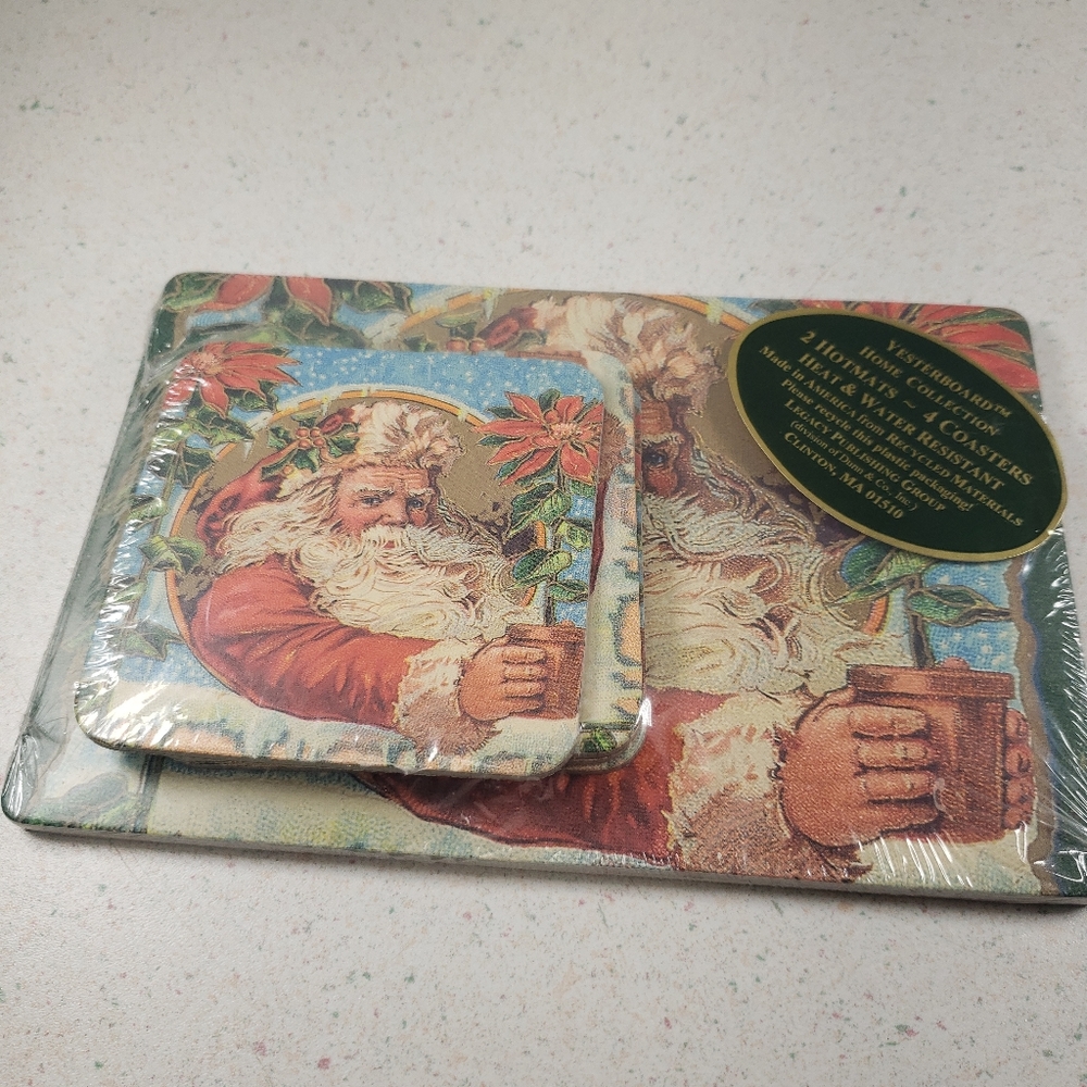 Vintage RARE 1990s Santa Poinsettias Yesterboard Recycled 4 Coasters 2 Hotmats